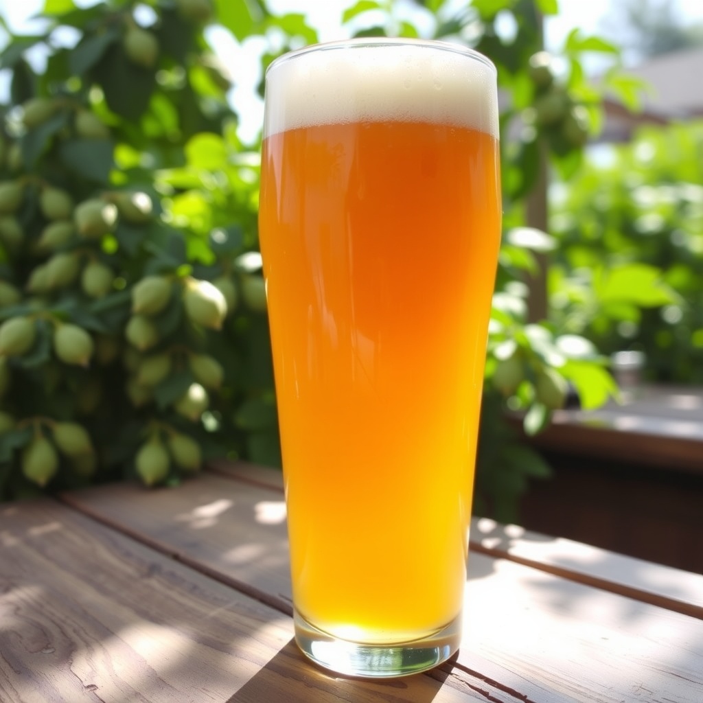 A hazy glass of New England IPA against a backdrop of hops and a rustic table.